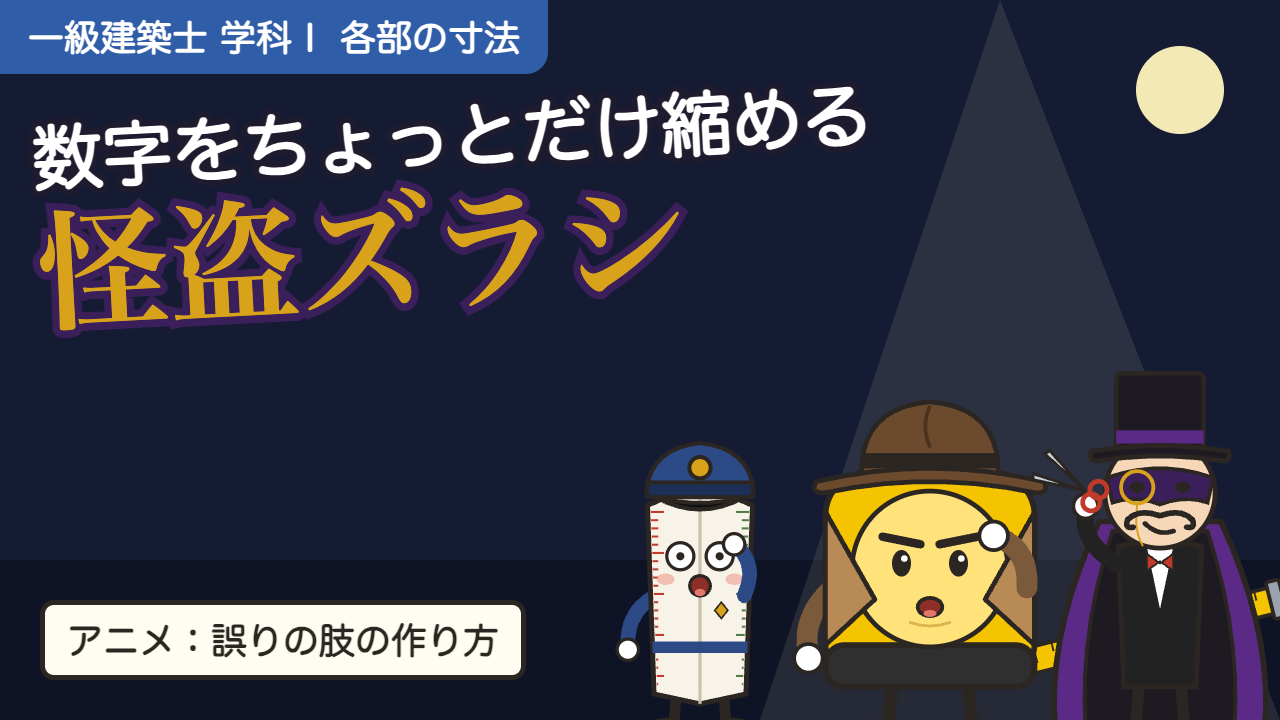 【アニメ】怪盗ズラシとメジャー警部｜一級建築士 学科Ⅰ「各部の寸法」誤りの肢の作り方