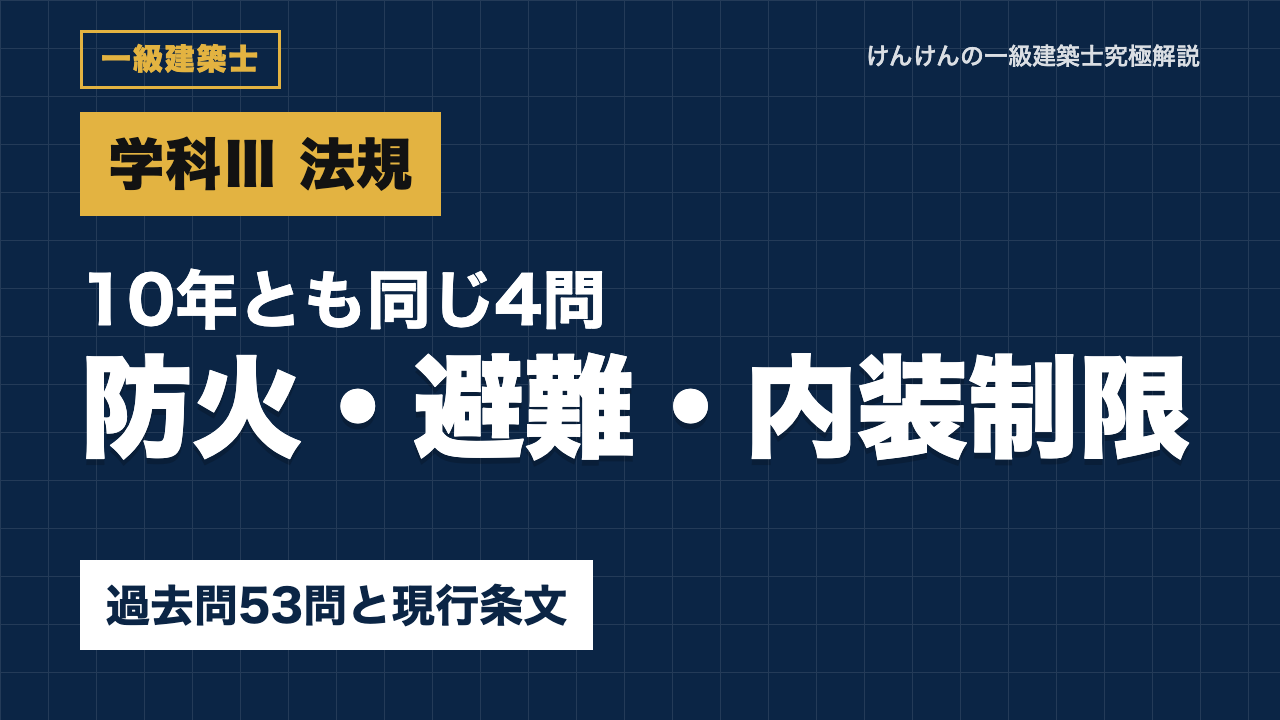 【一級建築士 学科Ⅲ】防火・避難・内装制限の過去問53問｜No.6〜9は10年とも同じ枠・現行条文と誤りの作り方